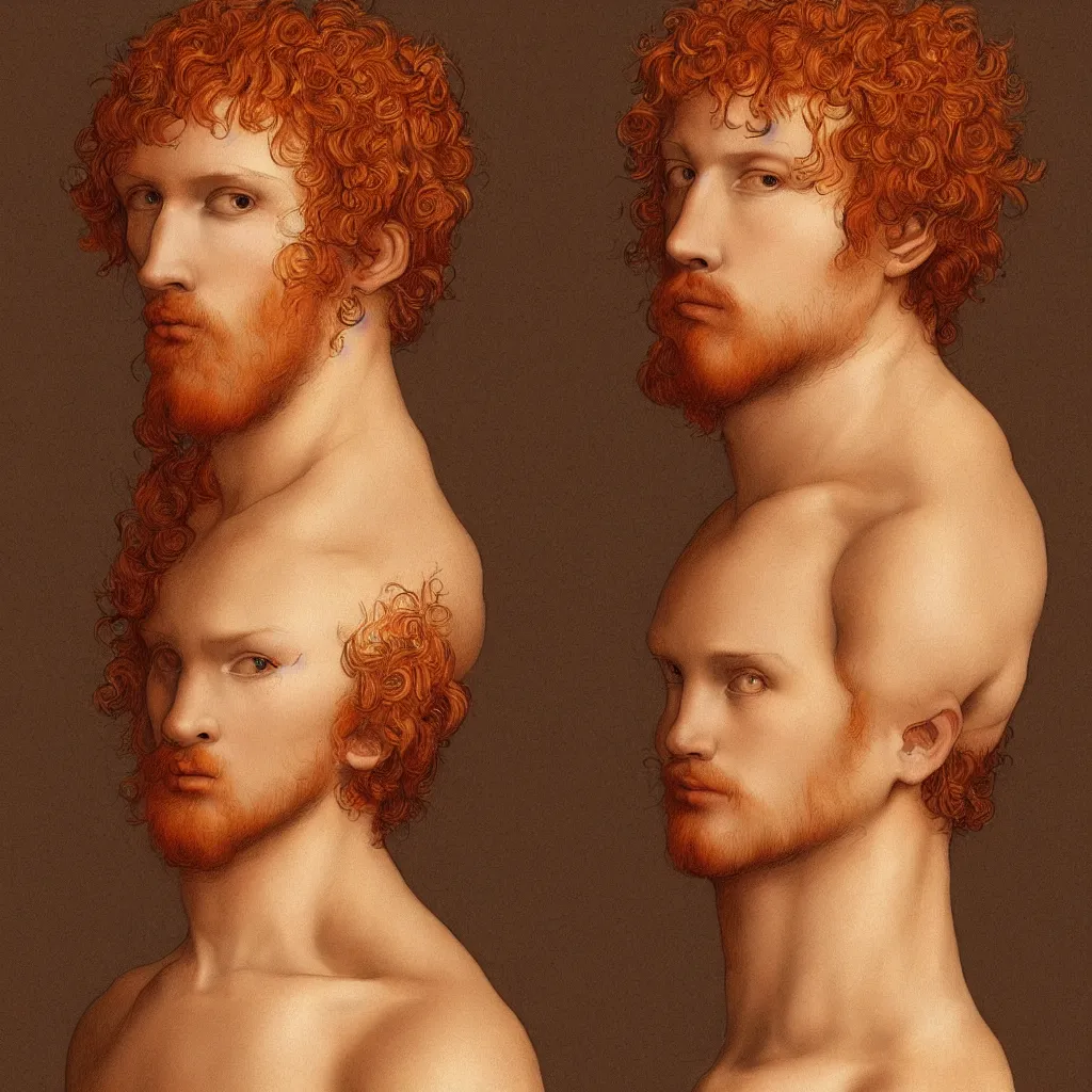 Image similar to illustration of a short curly orange hair man as a portrait, smooth, reflects, masterpiece artwork, ultra detailed, artgerm, style by leonardo da vinci, digital art, trending on artstation, behance, deviantart