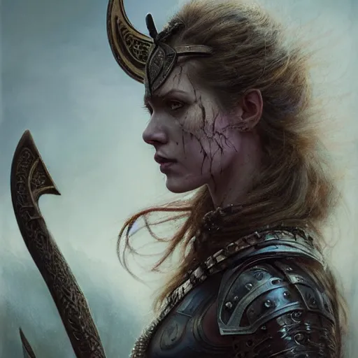 Prompt: Official photo of an attractive majestic fierce viking woman, leader, ethereal, fear, scarred, highly detailed, viking attire, cinematic, 16k, 1080s, by Stanley Artgermm, Tom Bagshaw, Greg Rutkowski, Vincent di Fate, Carne Griffiths, Ayami Kojima, WLOP, trending on DeviantArt, hyper detailed, full of color, digital art,