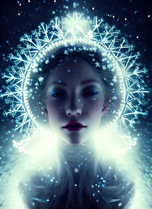 Image similar to a beautiful white queen with a giant snowflake as halo, snow particles in the background, bokeh, glowing light orbs, intricate concept art, illuminated lines, outrun, vaporware, dark background, cyberpunk darksynth, ethereal, ominous, misty, 8 k, rendered in octane, by ruan jia and jeremy mann and alphonse mucha