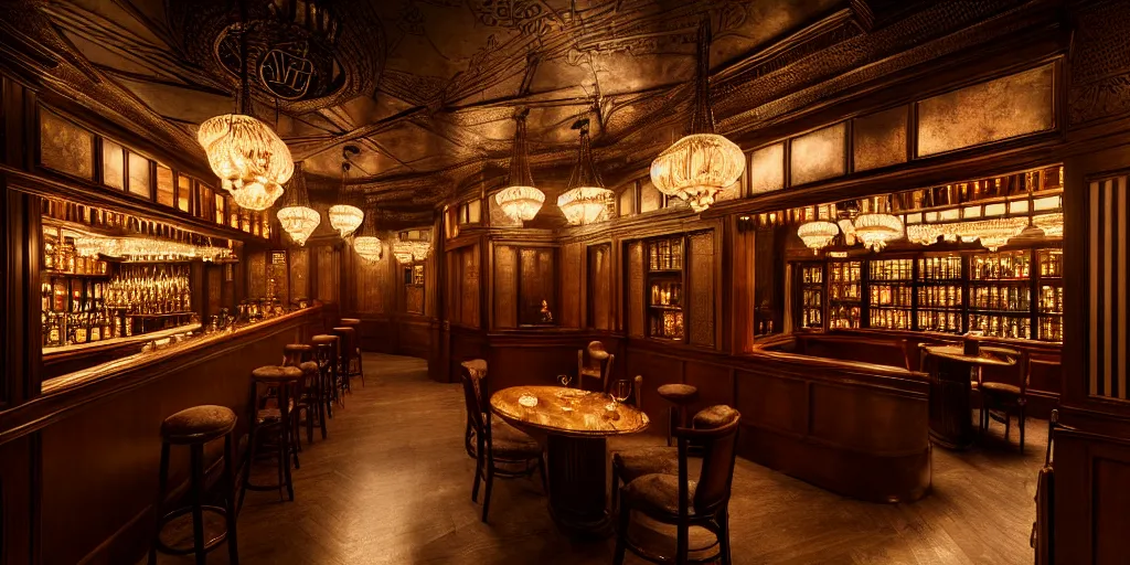 Prompt: prohibition era speakeasy, interior design by william morris and marc adamus, beautiful dramatic lighting, 8 k illustration, soft light, filled with patrons, ornate and intricate, richly detailed, photorealistic imagery, artstation render inspired by victo ngai