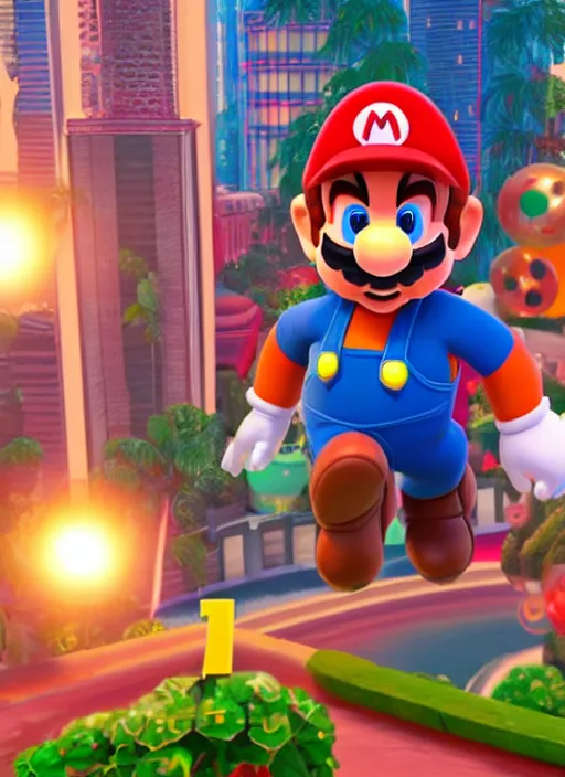 Image similar to film still of tom selleck as mario in super mario odyssey, gameplay, 8 k, hd