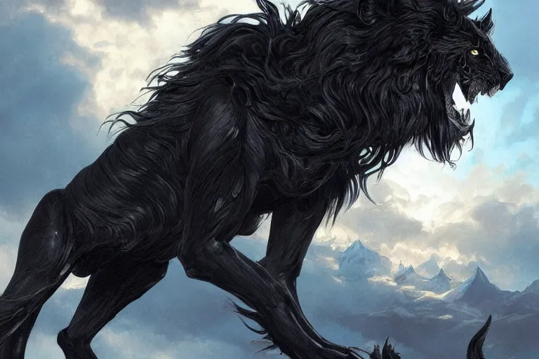 Image similar to Magnificent black lion with wings on a beautiful fantasy landscape, sunset, HD, illustration, epic, D&D, fantasy, intricate, elegant, highly detailed, digital painting, artstation, concept art, smooth, sharp focus, illustration, wallpaper, art by artgerm and greg rutkowski and alphonse mucha and jin xiaodi