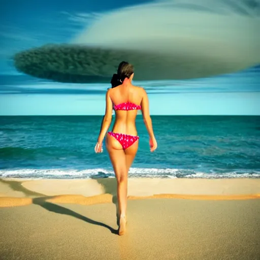 Image similar to beautiful bikini clad woman walking alone on a beach with a nuclear explosion in the background, rule of thirds