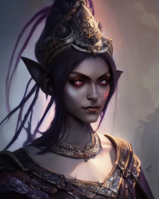 Image similar to dark elf princess, highly detailed, d & d, fantasy, highly detailed, digital painting, trending on artstation, concept art, sharp focus, illustration, global illumination, shaded, art by artgerm and greg rutkowski and fuji choko and viktoria gavrilenko and hoang lap