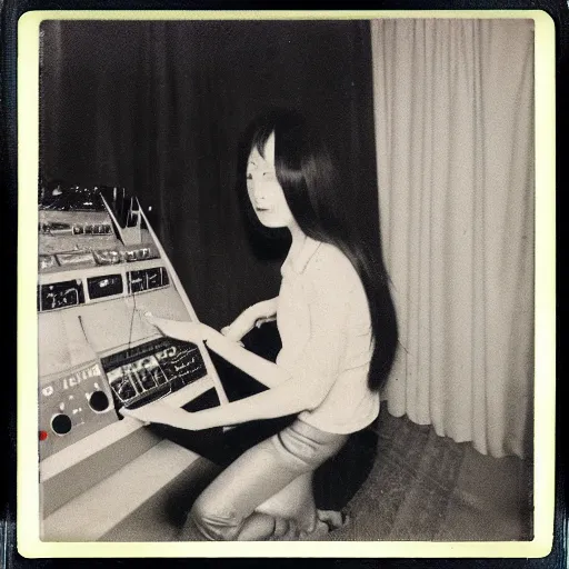 Image similar to 1 9 7 0 s polaroid of a female japanese musician playing a vintage modular synthesizer, hazy, faded