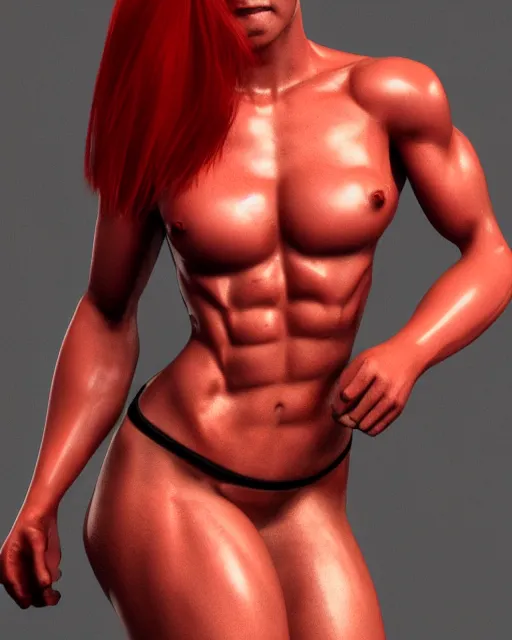 Image similar to woman with tight abs and red hair, Concept art, Full Body, 4K Octane Render