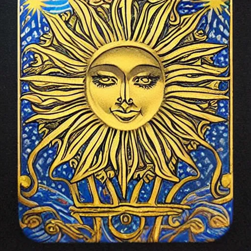 Prompt: sun and moon tarot card, extremely detailed, golden ornament, stunning, realistic