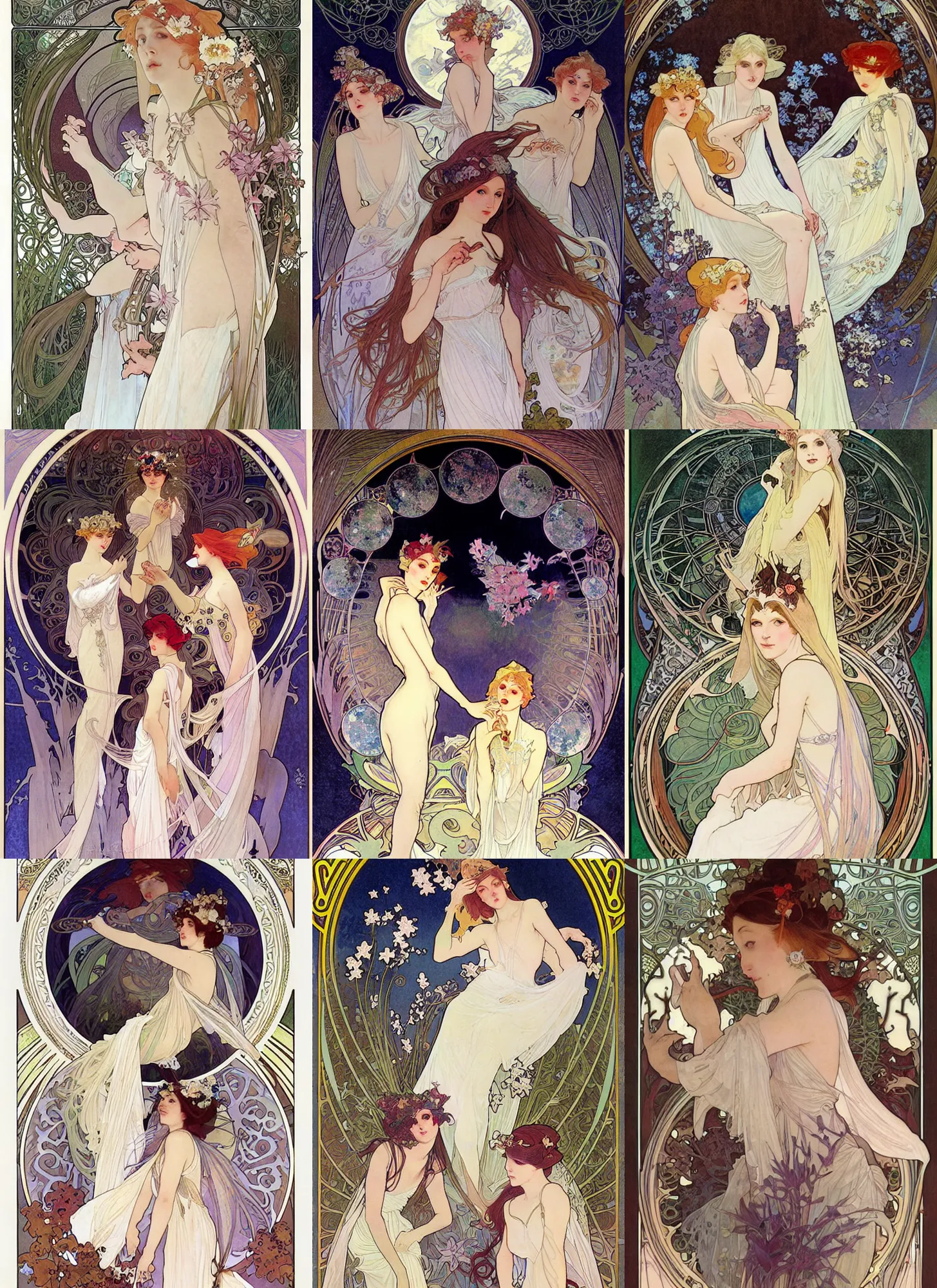 Prompt: group portrait of fairies of the moon, pale, white dress, mystical, lunacy, digital illustration, by rossdraws, alphonse mucha, frank fanzzeta, collectible car art