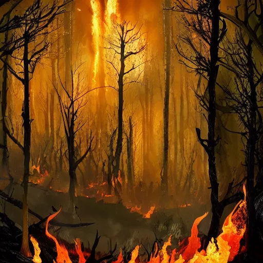 Prompt: a battle between the forces of hell and the forces of heaven in a magical forest. The forest is burned with charred trees. Lots of holy and damned magic is used