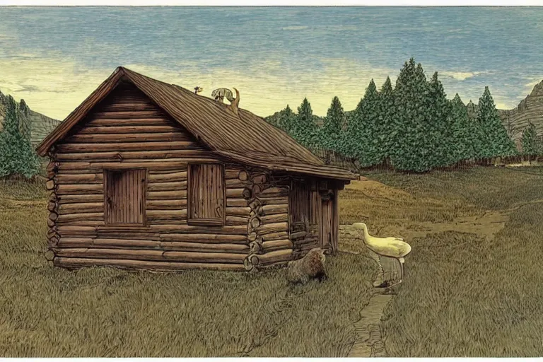 Image similar to country road cabin goose by moebius