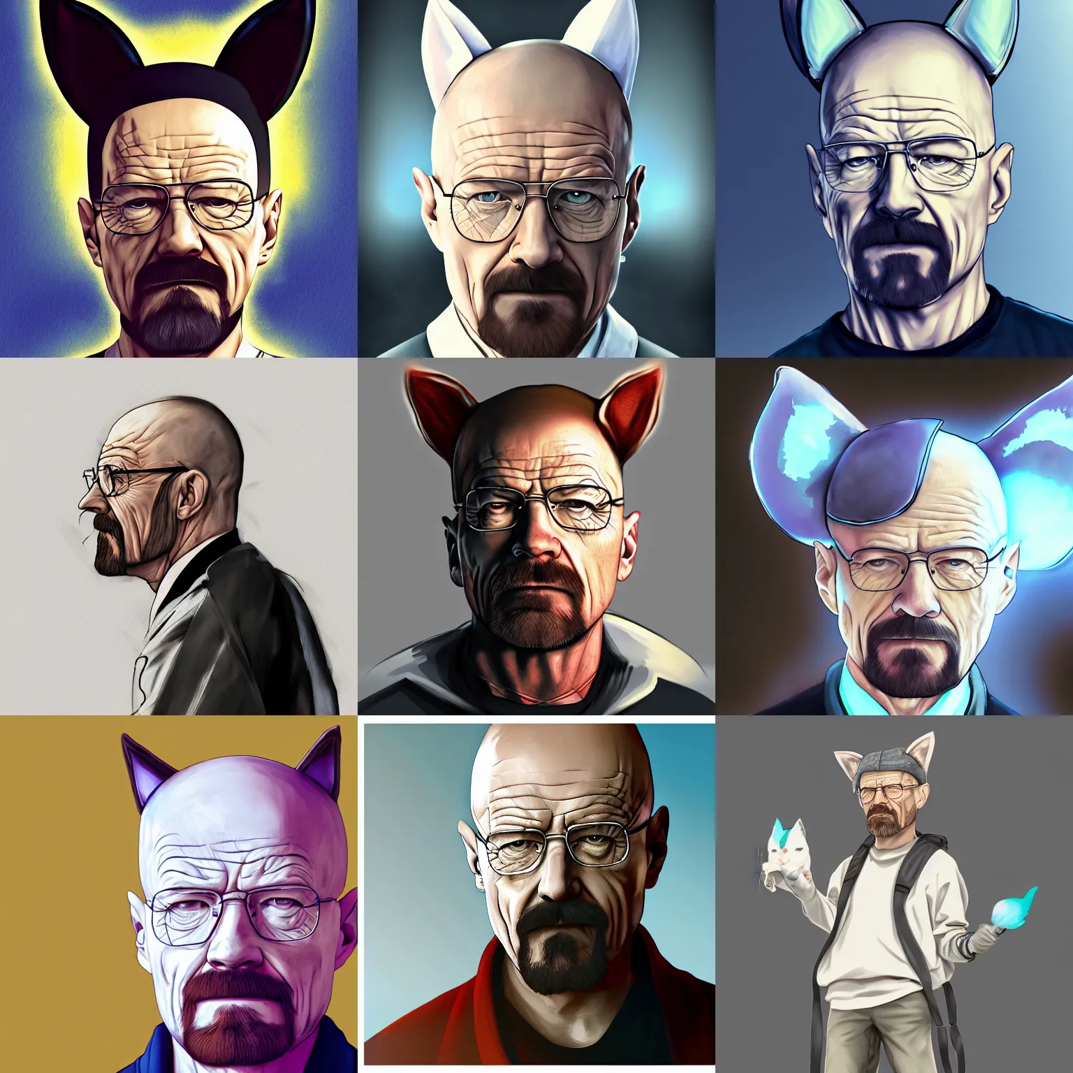 Prompt: Walter White with cat ears and a tail, anime, digital painting, trending on artstation, 8k, high resolution