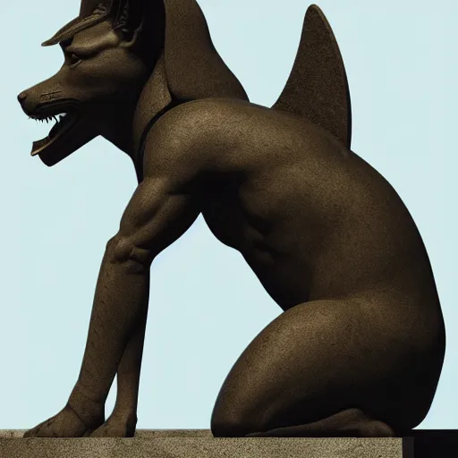 Image similar to ancient statue of Anubis the jackal god, seated at attention on a plinth, octane render, studio lighting