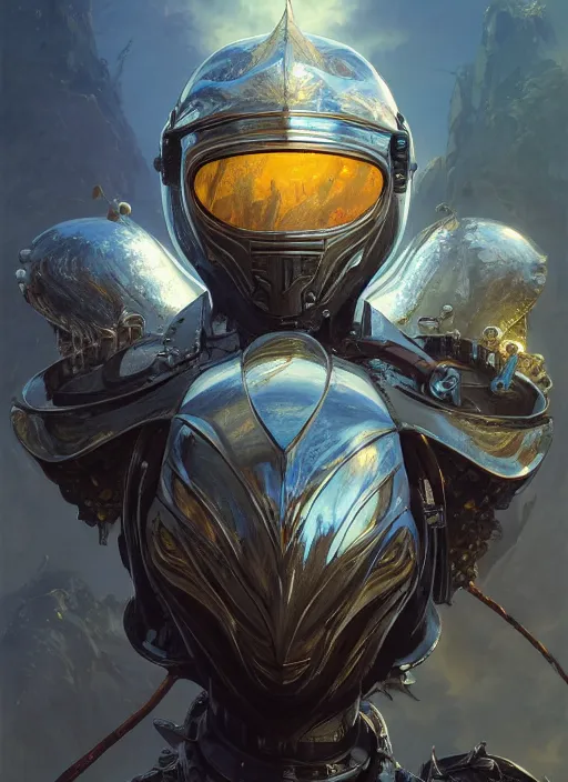 Image similar to highly detailed portrait of reflection of dragonfire on shiny knight helmet, raytracing, fantasy art by by simon bisley, loish, rhads, ferdinand knab, makoto shinkai and lois van baarle, ilya kuvshinov, rossdraws, tom bagshaw, global illumination, radiant light, detailed and intricate environment