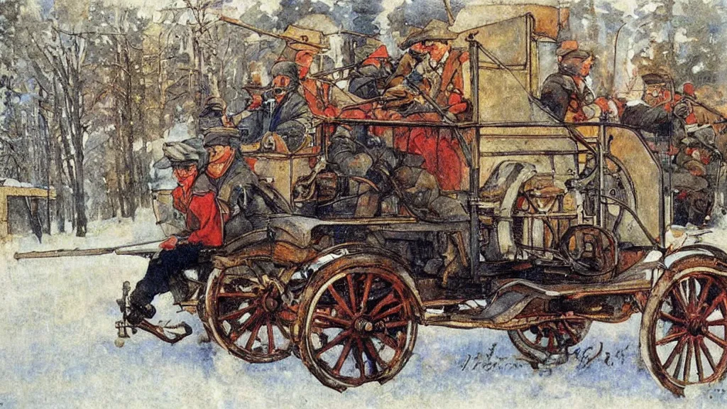 Image similar to russian revolution diesel - powered 1 9 1 0, painting by carl larsson