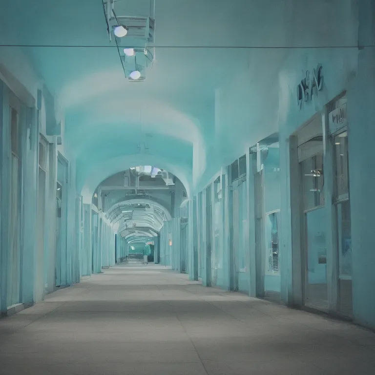 Image similar to shopping mall for dead people, film photo, soft lighting album cover, nostalgia, turquoise gradient