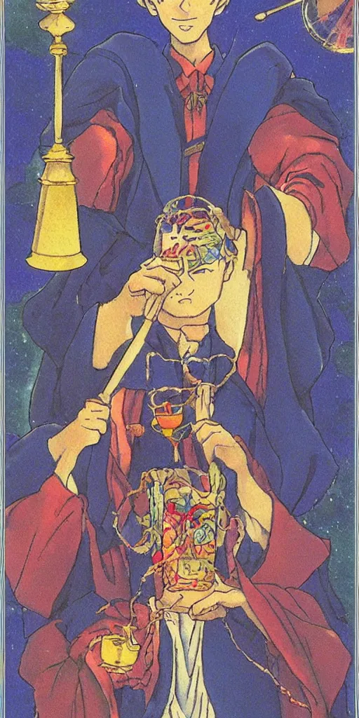 Image similar to a mystical man with a goblet on the table, wizard hat, drawn by Naoko Takeuchi, tarot card. tarot card the magician