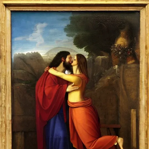 Image similar to an oil panting of a jesus kissing maria maddalena