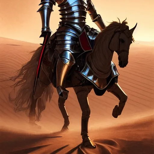 Prompt: A noble medieval knight fighting a war in the desert, dust and blood in the air, dark and horrifying, cinematic lighting, smooth, sharp focus, Gold and Silver Armour Suit, black iron sword, art by Artgerm and Greg Rutkowski and Alphonse Mucha
