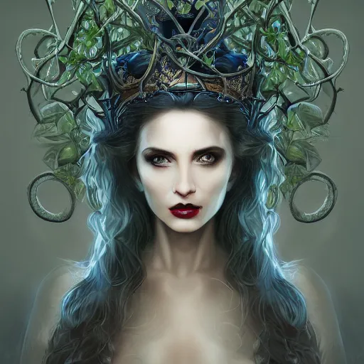 Image similar to detailed portrait of the dark queen of snakes, realism, dim moonlight, pale blue, emerald, sapphire, wearing a crown of vines and vipers, dark fantasy illustration, dramatic lighting, cgsociety, artstation