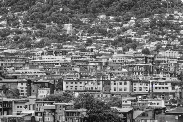 Prompt: looking down street, warehouses lining the street. hill background with radio tower on top. telephoto lens compression.