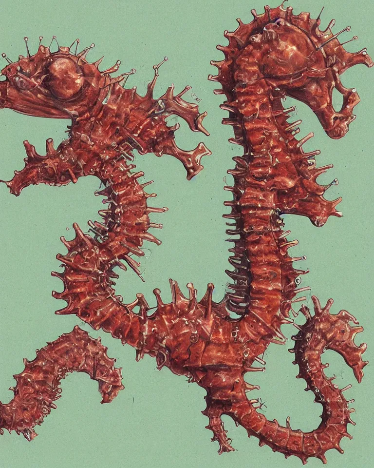 Image similar to a detailed scientific anatomical illustration of a cybernetic seahorse.