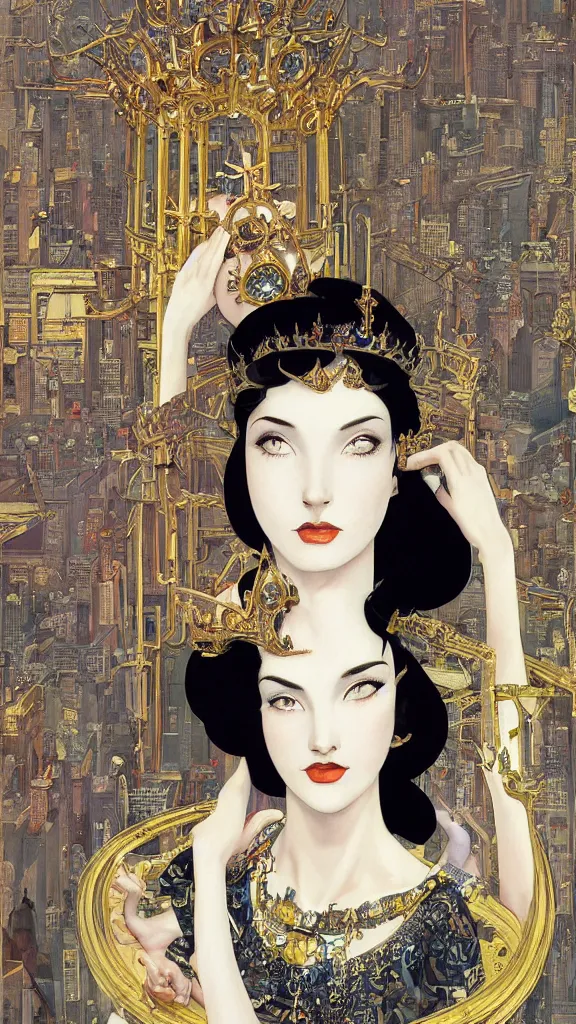 Image similar to a beautiful black haired woman with pale skin and a crown on her head sitted on an intricate metal throne new york circa 1 9 8 4 edward hopper and james gilleard, surreal, open ceiling, highly detailed, airbrush, ilya kuvshinov, wlop, stanley artgerm, very coherent, art by takato yamamoto and james jean