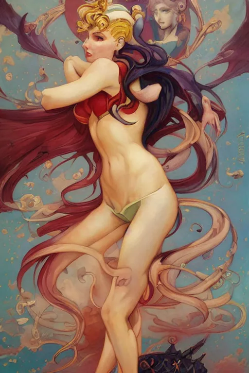 Image similar to Sailor Moon by Peter Mohrbacher in the style of Gaston Bussière, Art Nouveau, covered of blood