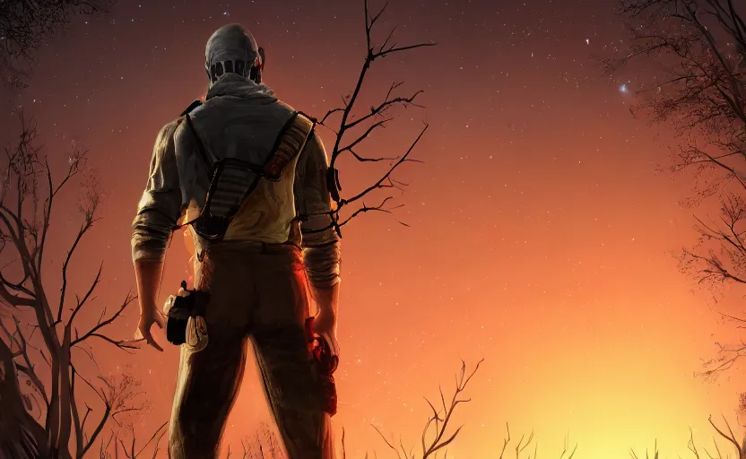 Image similar to view from behind a dead by daylight killer as he reaches up to a night sky, stars are aligning, character portrait, digital art