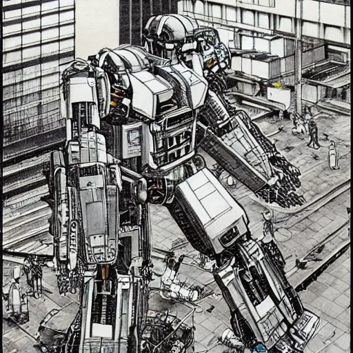Image similar to engineers building a giant mecha, art by Katsuhiro Otomo