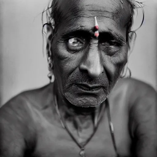 Prompt: photo, portrait of Indian holy man by richard avedon, realistic, hasselblad, medium format, cinematic lighting, wet plate photography, parallax, high resolution,
