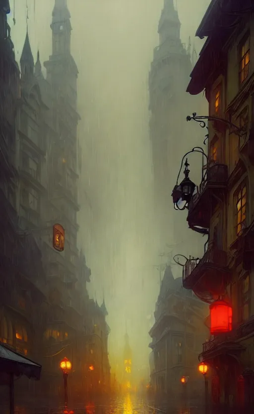 Image similar to an old victorian city with rainy atmosphere and moody and cinematic lighting by alphonse mucha, simon stalenhag and darek zabrocki, cinematic and atmospheric, concept art, artstation, trending on artstation