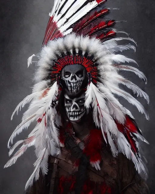 Image similar to the ghost - spirit of the grim - warpaint wears the scarlet skull armor and native blood headdress feathers, midnight fog - mist!, dark oil painting colors, realism, cinematic lighting, various refining methods, micro macro autofocus, ultra definition, award winning photo