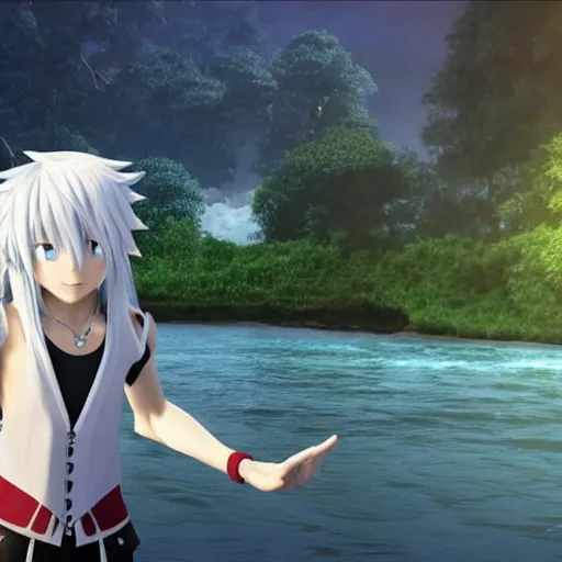 Prompt: a long white haired anime character holding out his hand in front of a body of water, a screenshot by michelangelo, deviantart contest winner, vanitas, official art, unreal engine 5, unreal engine. kingdom hearts opening. sharp focus. highly detailed. masterpiece. anime render. cinematic lighting. lifelike.