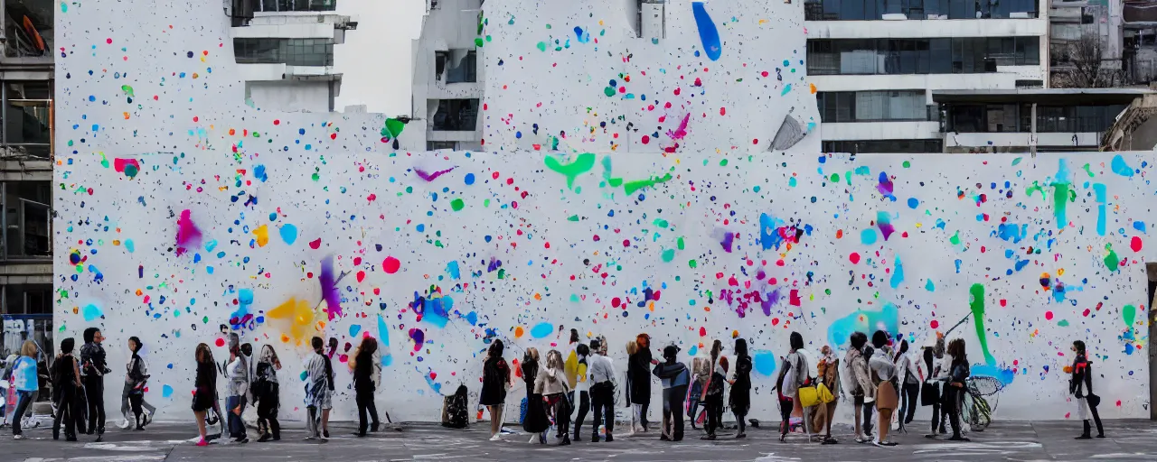 Image similar to people in a busy city people looking at a white building covered with a 3d graffiti veil, made of discsrded fashion, with paint dripping down to the floor, tadao ando, kengo kuma, shigeru bab, hiroshi yoshida, christos, yoshitaka Amano, james gurney, ikigai, and james jean, architectural illustration, at dusk, synthwave signs