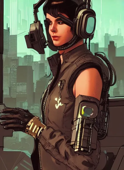 Image similar to Feminist Maria. Gorgeous female cyberpunk hacker wearing a cyberpunk headset, military vest, and jumpsuit. gorgeous face. Realistic Proportions. Concept art by James Gurney and Laurie Greasley. Moody Industrial skyline. ArtstationHQ. Creative character design for cyberpunk 2077.