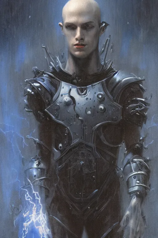 Image similar to portrait of beautiful gothic and futuristic young man, warhammer, cyber armor, a lot of more and more scars, thunderstorm, blue head, the middle ages, highly detailed, artstation, illustration, more and more composision, 8 k quality, art by jean delville, greg rutkowski