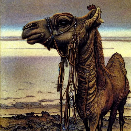 Prompt: wretched camel, Glass-Cast Heart, by Bruce Pennington and Arthur RackhamArthur Rackham