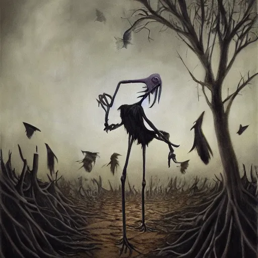 Image similar to Oil Portrait of Fiddlesticks from League of Legends, swarm of crows in the background, dark forest, grim, by Santiago Caruso