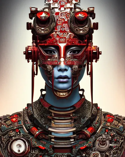 Image similar to portrait of a cyberpunk machine, machine face, upper half portrait, decorated with chinese opera motifs, asian, fine china, traditional chinese art, intricate, elegant, highly detailed, symmetry, headpiece, digital painting, artstation, concept art, smooth, sharp focus, illustration, art by artgerm and greg rutkowski and alphonse mucha, 8 k