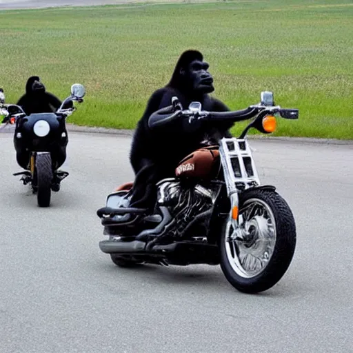 Image similar to gorilla on a Harley Davidson on the road, funny picture