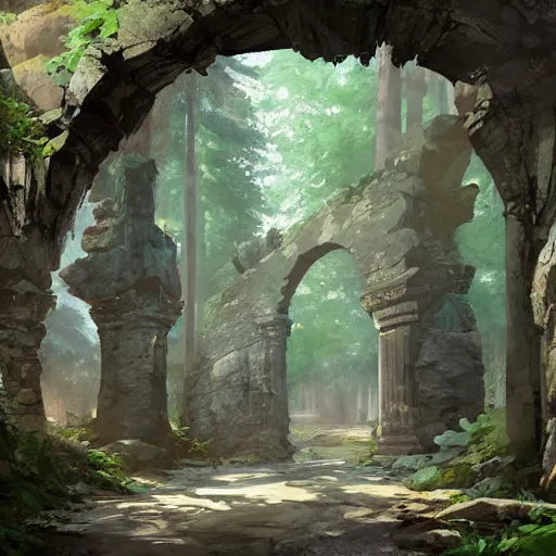 Prompt: concept art painting of an ornate ancient stone archway, in the woods, deep forest, realistic, detailed, cel shaded, in the style of makoto shinkai and greg rutkowski and james gurney