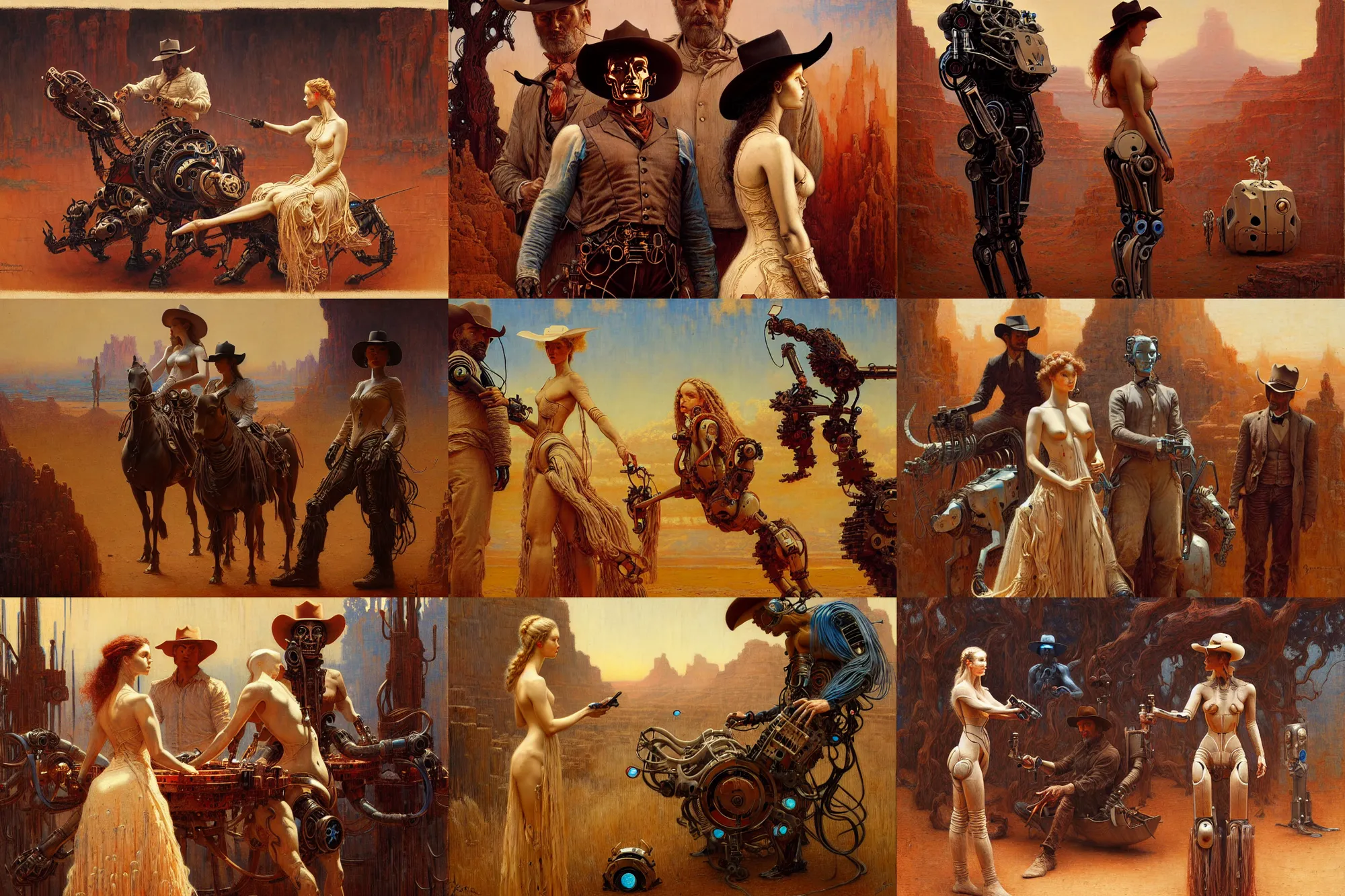 Prompt: westworld painted by james jean and gaston bussiere, photorealistic robots searching for the bicameral mind, sepia colors