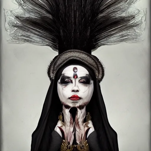 Image similar to portrait of a Shibari rope wrapped face and neck, headshot, insanely nice professional hair style, dramatic hair color, face paint half and half, digital painting, of a old 17th century Black Nun, amber jewels, baroque, ornate clothing, scifi, realistic, hyperdetailed, chiaroscuro, concept art, art by Franz Hals and Jon Foster and Ayami Kojima and Amano and Karol Bak,