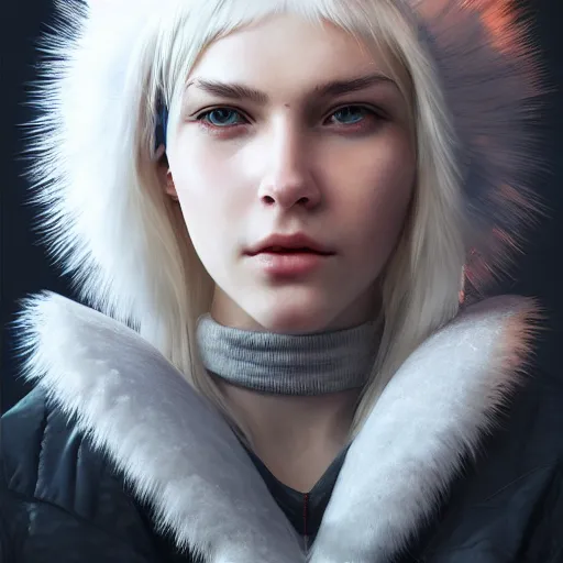 Image similar to a white haired girl wearing earmuffs with bionic eyes, digital art, 8 k resolution, unreal engine, highly detailed, pretty face, very beautiful face, very detailed eyes, photorealistic by wlop, greg rutkowski