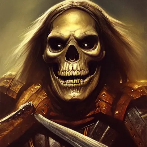 Image similar to ultra realistic portrait painting of skeletor as geralt of rivia, art by frank frazetta, 4 k, ultra realistic, highly detailed, epic lighting