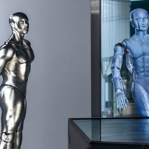 Image similar to a realistic detailed photo of a guy who is an attractive humanoid who is half robot and half humanoid, who is a male android, french presenter cyril gossbo, shiny skin, posing like a statue, blank stare, by the pool, on display, showing off his muscles, humanoid robot, frozen ice statue