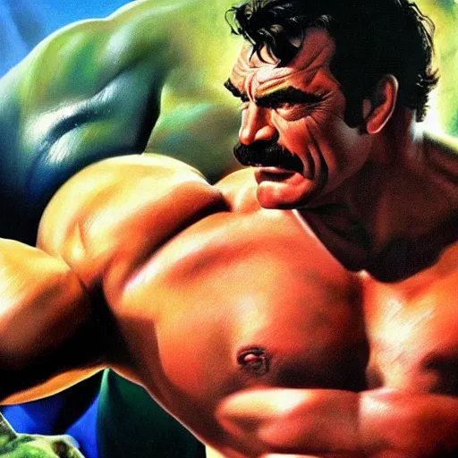 Image similar to ultra realistic portrait painting of tom selleck as hulk, art by frank frazetta, 4 k, ultra realistic, highly detailed, epic lighting