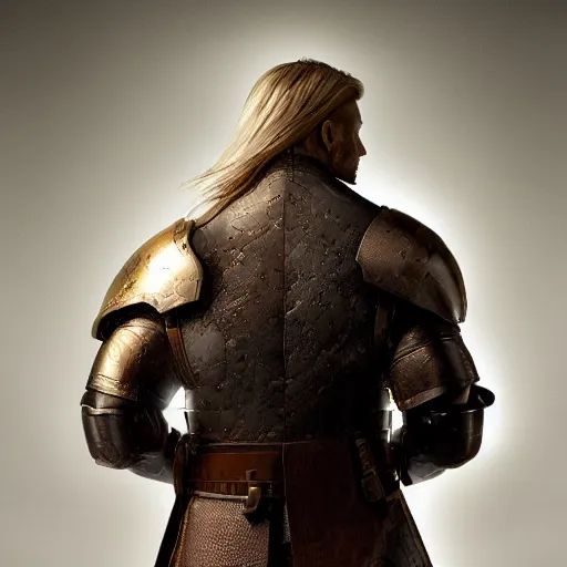 Image similar to rear side portrait of a muscular, ponytail haired blonde man with only left arm armored, wearing a thick brown leather coat, looking to his left, DnD, fantasy, dramatic lighting, digital art by Ruan Jia