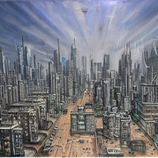 Prompt: the skyline of a dystopian city, highly detailed painting