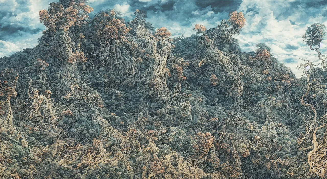 Image similar to A beautiful landscape painting of dystopian future in the mountains by junji ito and Yoshitaka Amano and jean-honore fragonard